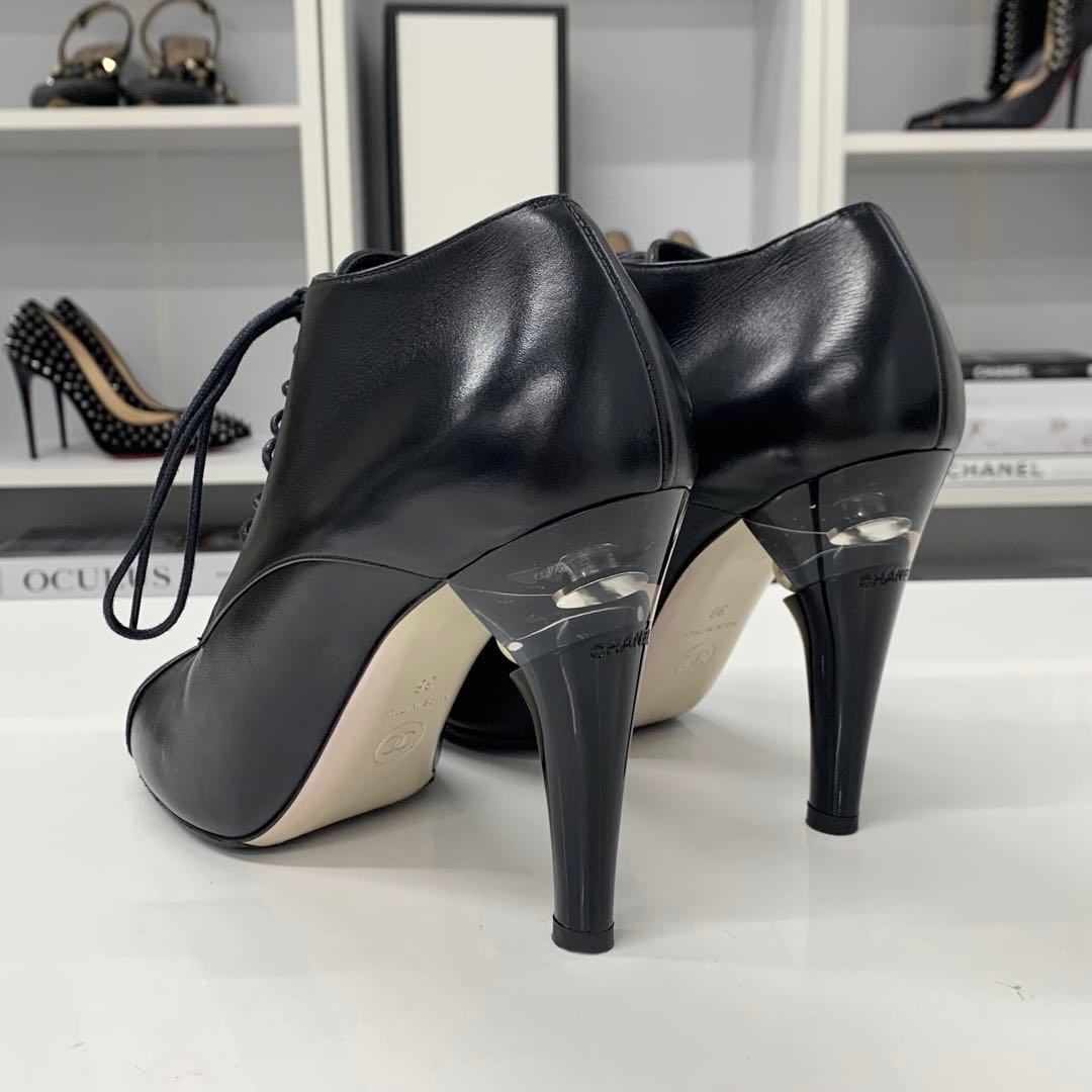Chanel Lace Up Leather Pearl Booty Black