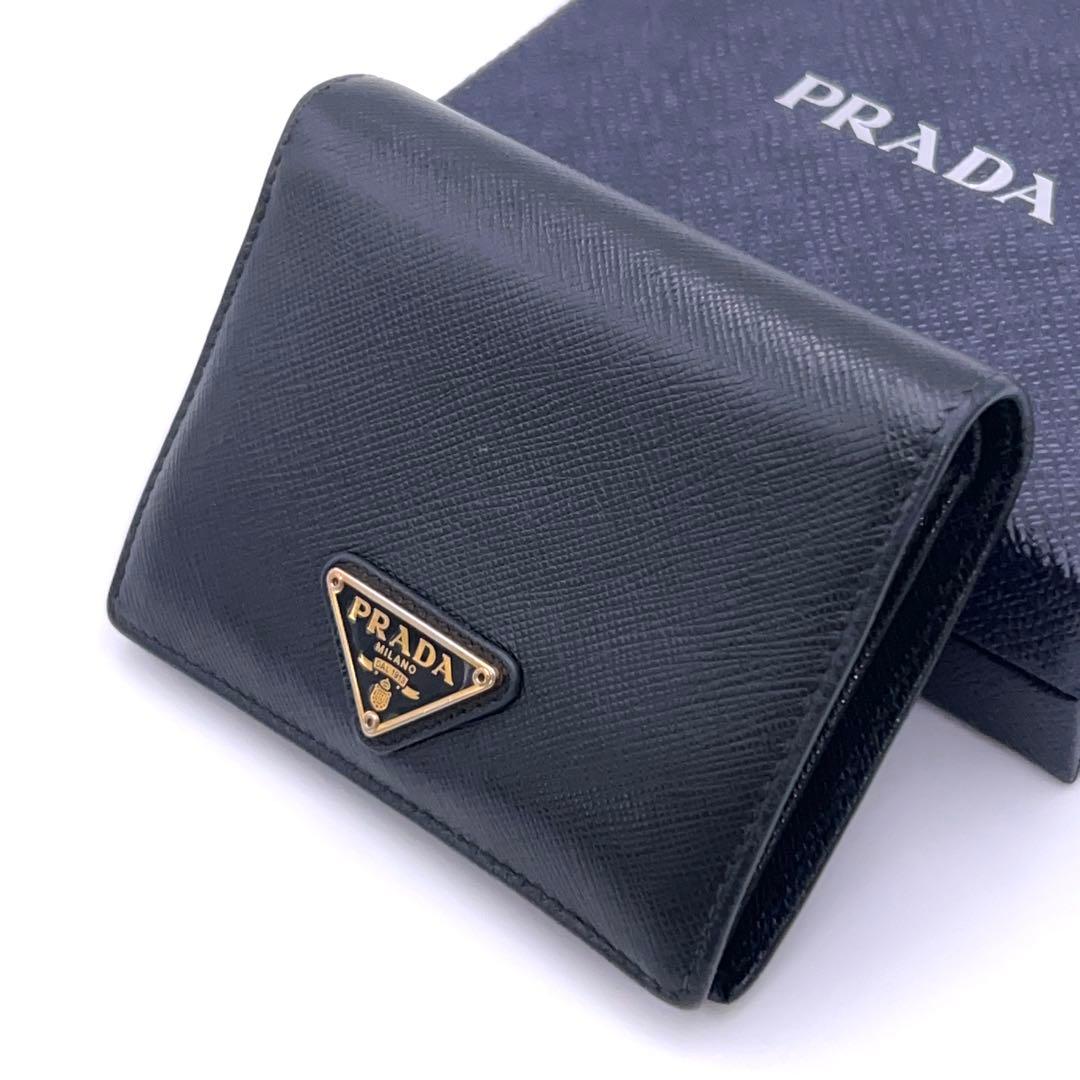 Prada Saffiano Bifold Wallet Triangle Black Leather