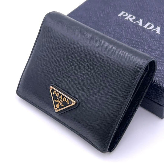 Prada Saffiano Bifold Wallet Triangle Black Leather