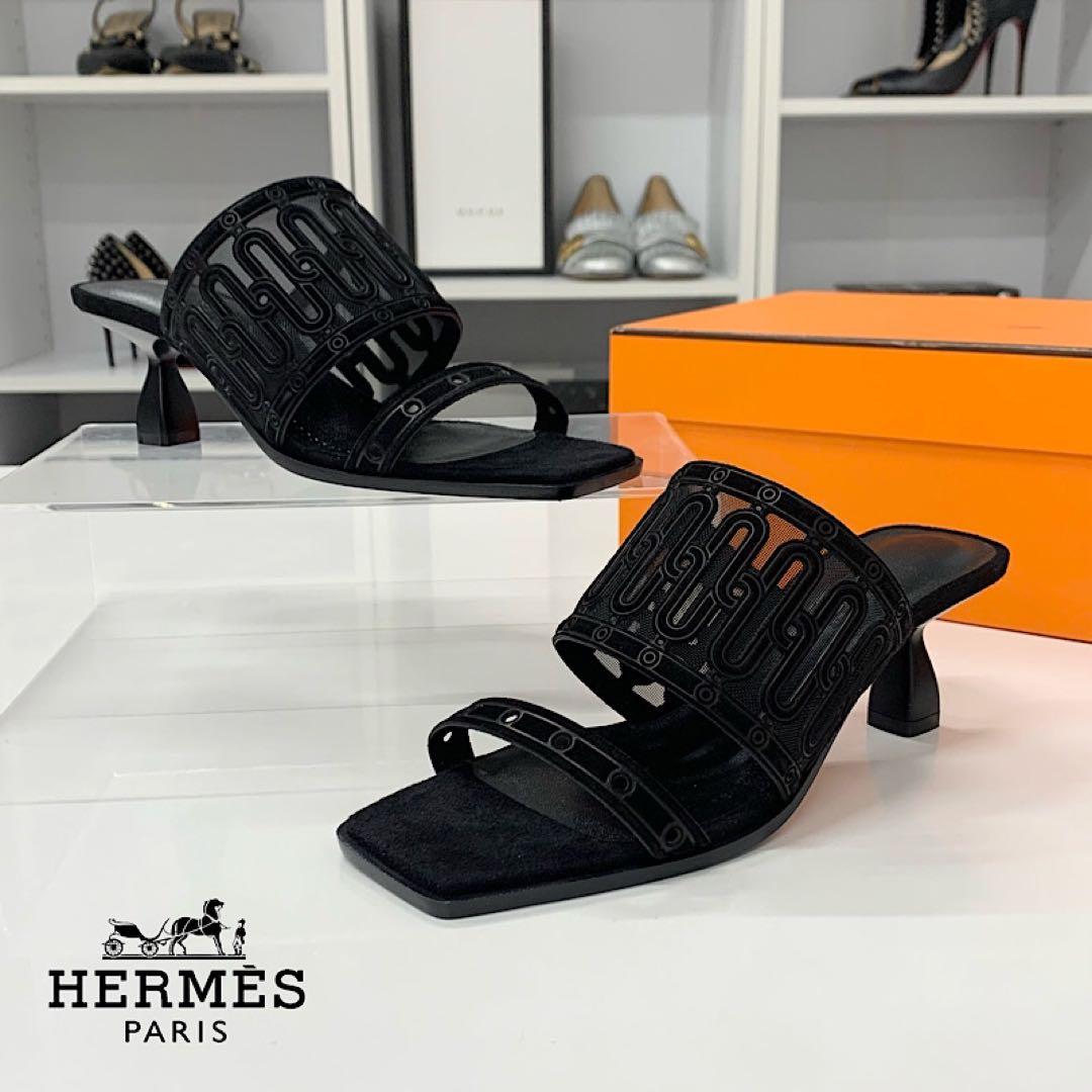 Hermes Gioia Suede Mesh Sandals Black