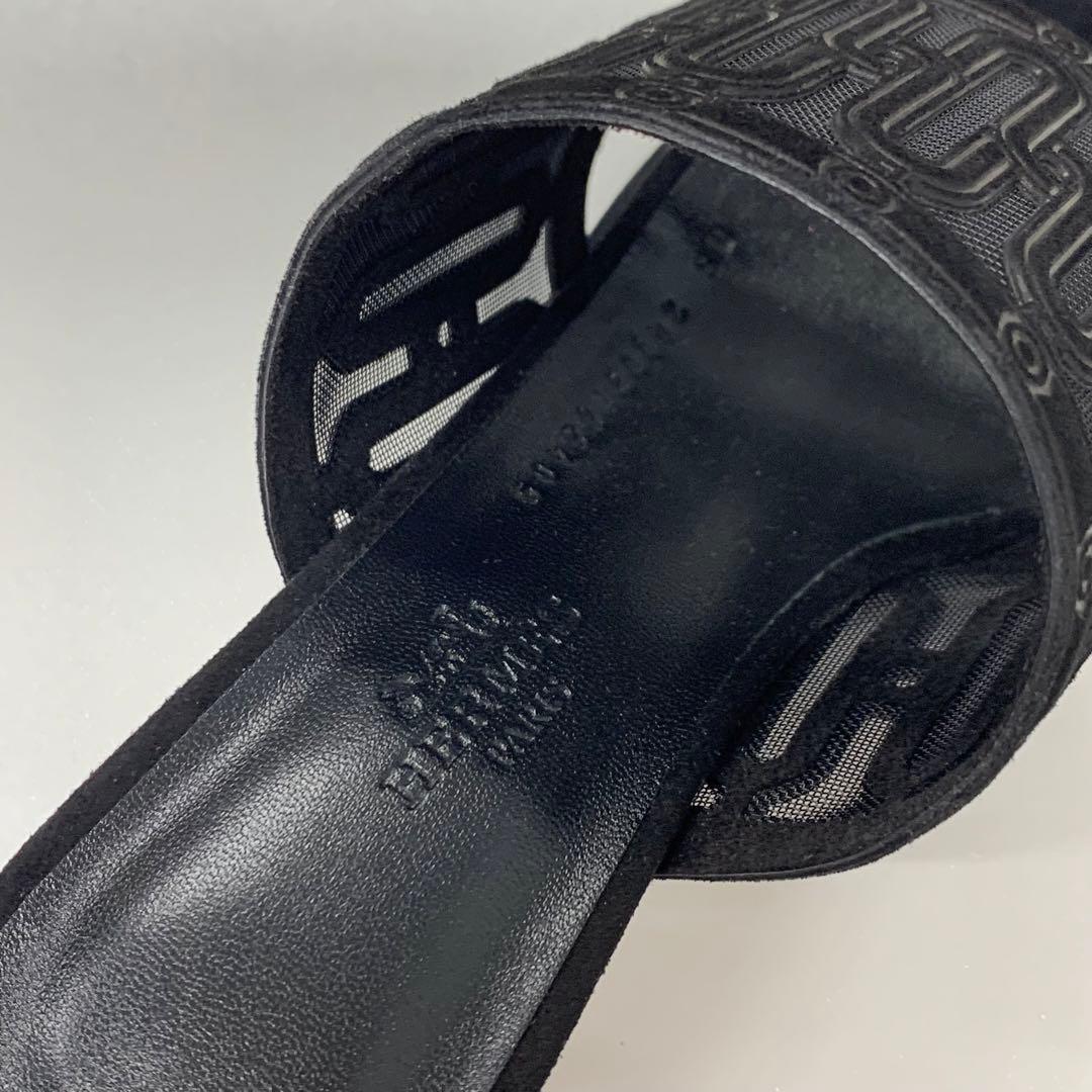 Hermes Gioia Suede Mesh Sandals Black — view 8