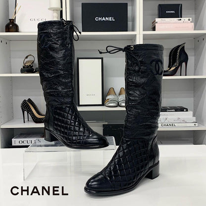 Chanel CC Logo Quilted Leather Wrinkled Long Boots