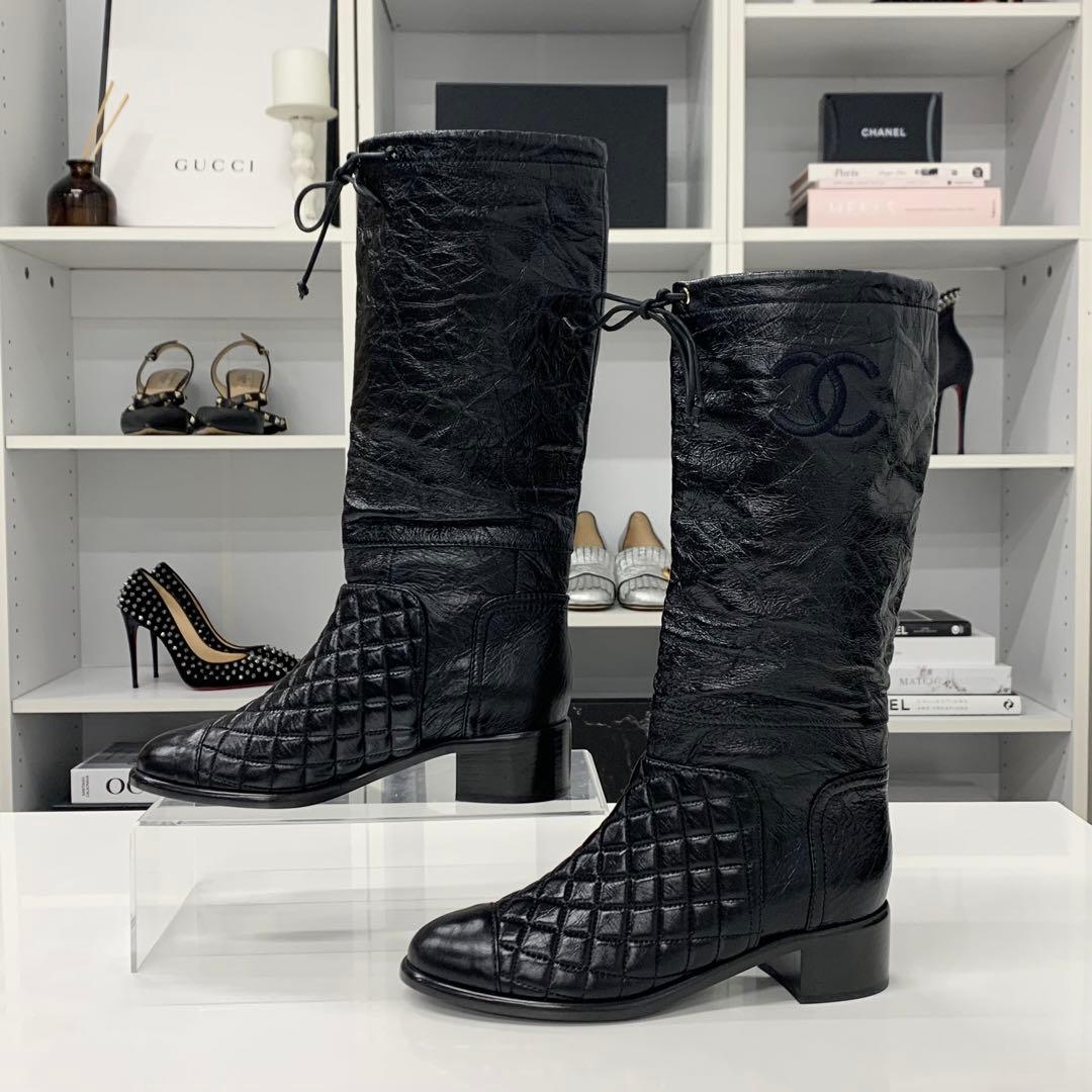 Chanel CC Logo Quilted Leather Wrinkled Long Boots — view 2