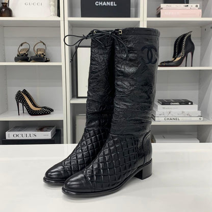 Chanel CC Logo Quilted Leather Wrinkled Long Boots — view 3
