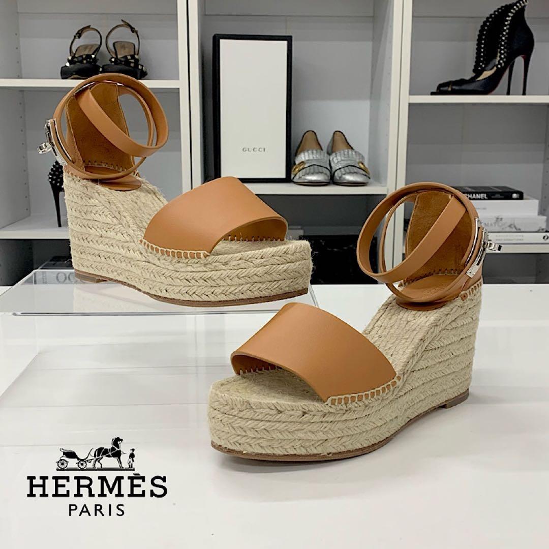 Hermes Tipoli Leather Kelly Wedge Sole Espadrilles Sandals