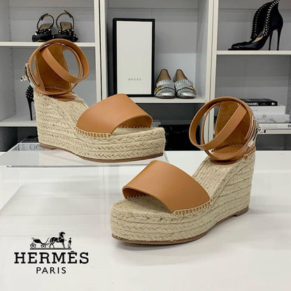 Hermes Tipoli Leather Kelly Wedge Sole Espadrilles Sandals