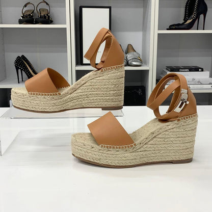 Hermes Tipoli Leather Kelly Wedge Sole Espadrilles Sandals — view 2