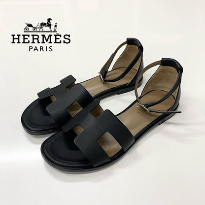 Hermes Santorini Leather Strap Flat Sandals Black