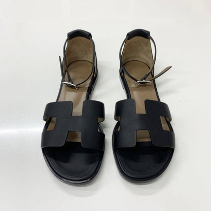 Hermes Santorini Leather Strap Flat Sandals Black — view 2