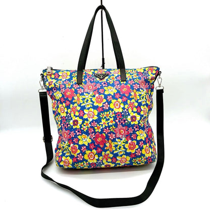 Prada 2-way Bag Floral Print Logo Plate Tote Bag Nylon