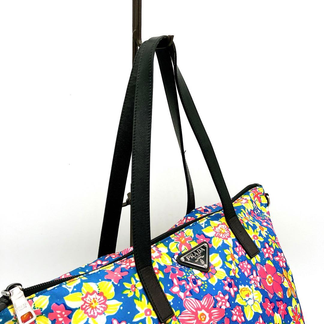 Prada 2-way Bag Floral Print Logo Plate Tote Bag Nylon