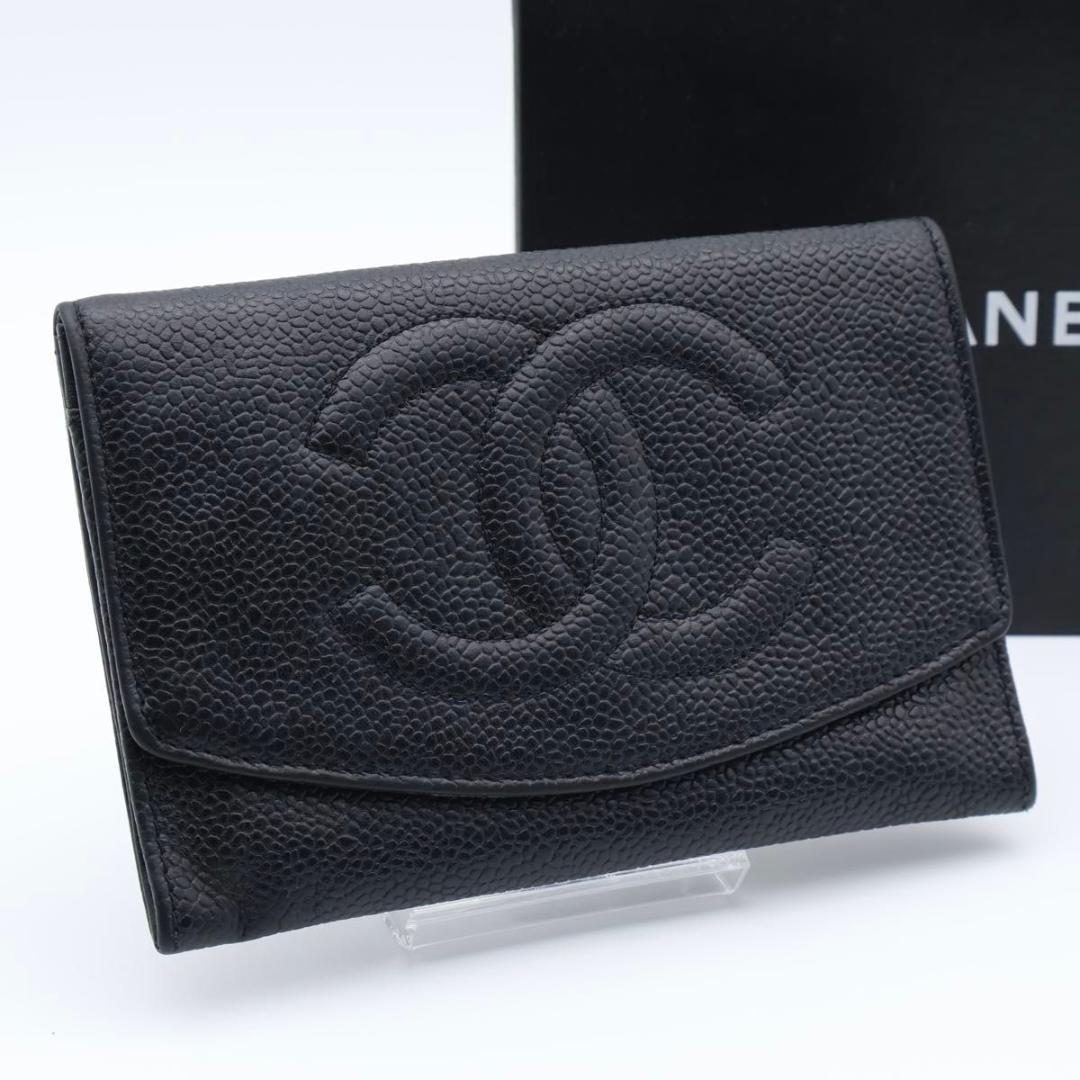 Chanel Jumbo CC Logo Bifold Wallet Caviar Leather Black