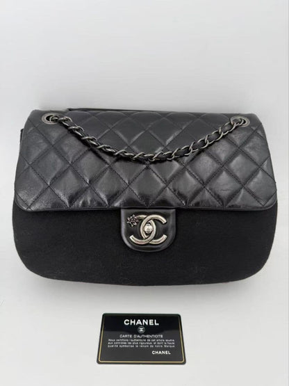 Chanel Leather Wool Felt Quilted Flap Bag