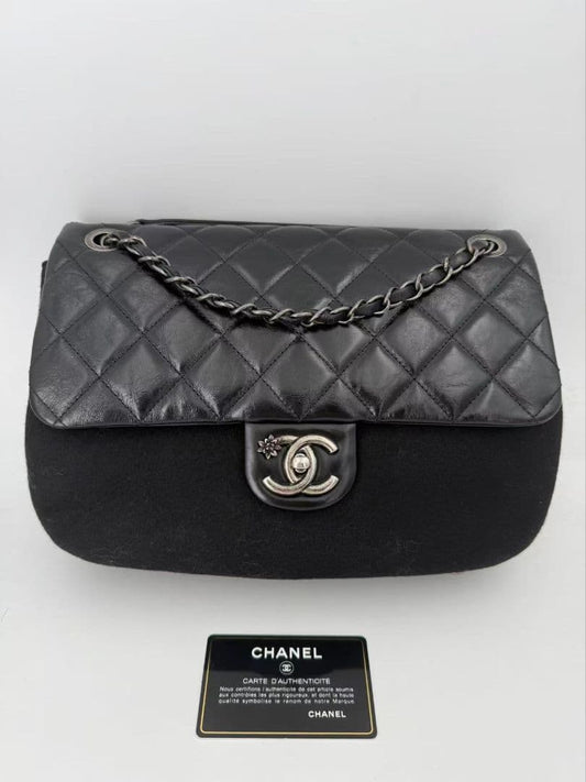 Chanel Leather Wool Felt Quilted Flap Bag