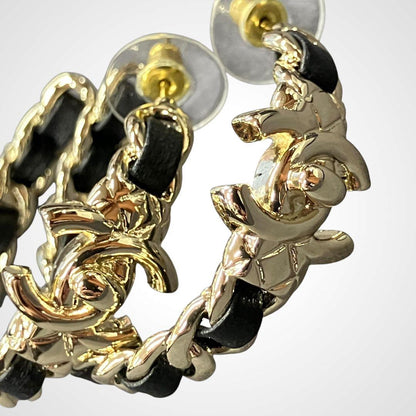 Chanel Chain Leather Turnlock Hoop Earrings I_129