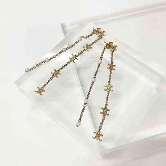 Celine Triomphe Pearl Long Earrings Gold