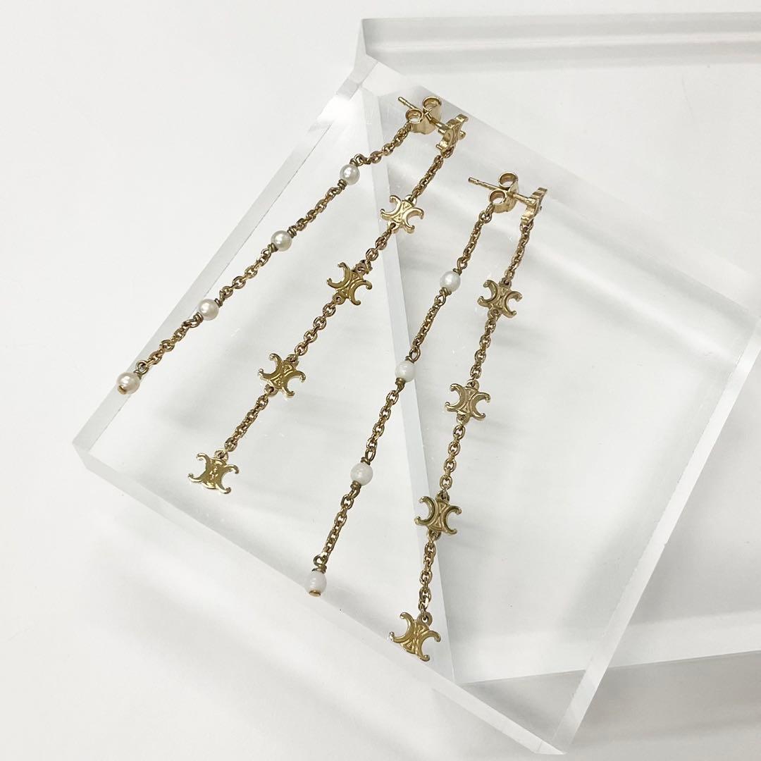 Celine Triomphe Pearl Long Earrings Gold — view 2