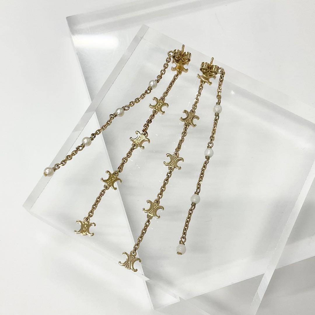 Celine Triomphe Pearl Long Earrings Gold — view 3