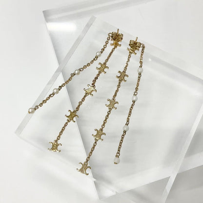 Celine Triomphe Pearl Long Earrings Gold — view 3