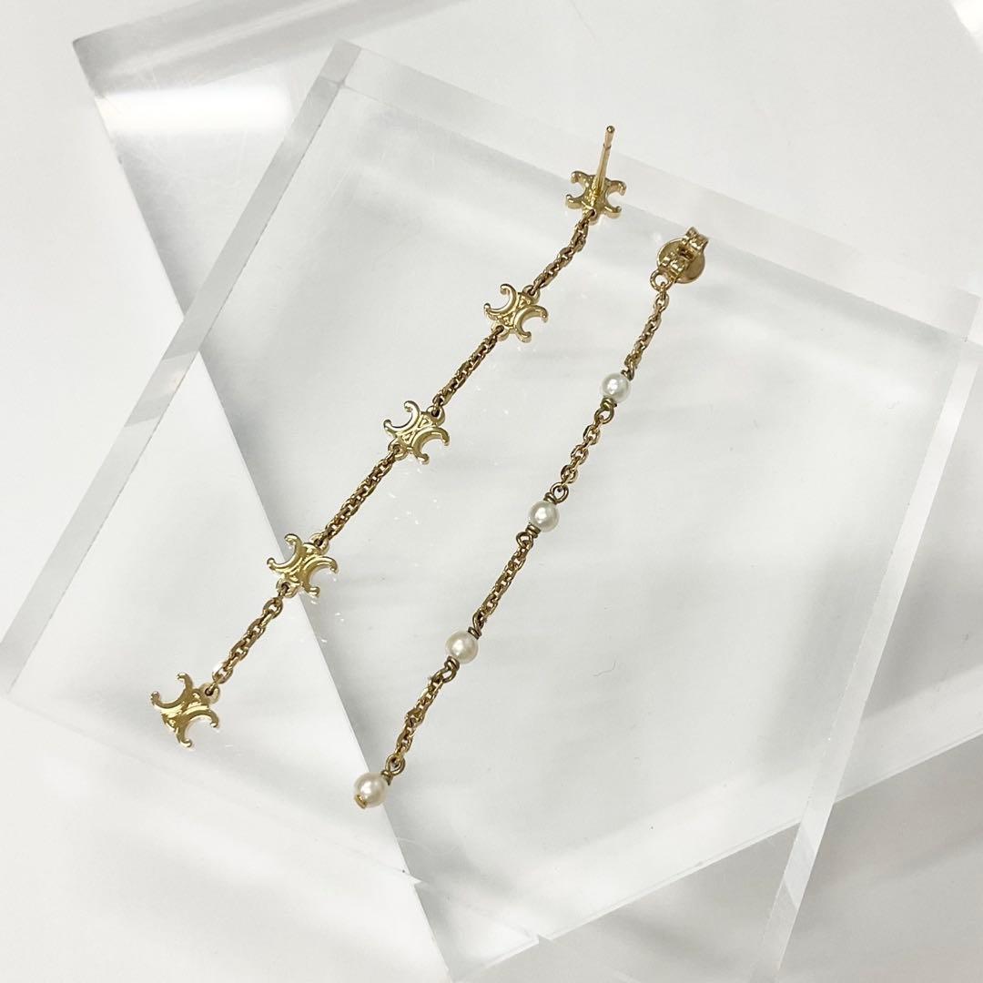 Celine Triomphe Pearl Long Earrings Gold — view 4