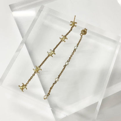 Celine Triomphe Pearl Long Earrings Gold — view 4