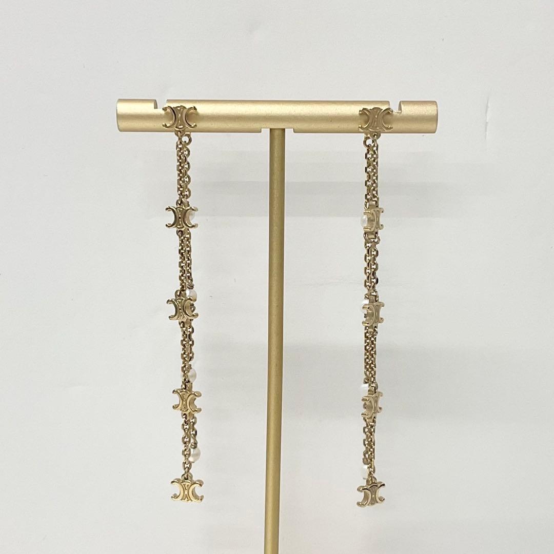 Celine Triomphe Pearl Long Earrings Gold — view 6