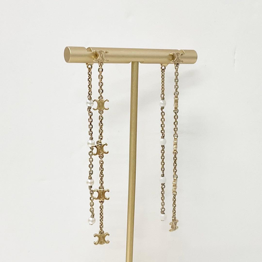 Celine Triomphe Pearl Long Earrings Gold — view 7