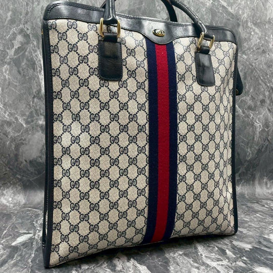 Gucci GG Sherry Line Tote Navy Beige Logo