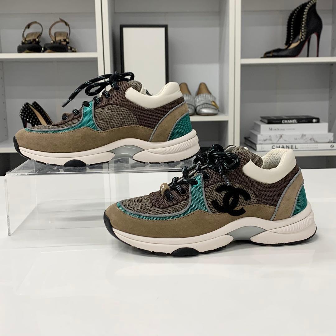 Chanel CC Logo Mesh Suede Leather Sneakers Brown — view 2