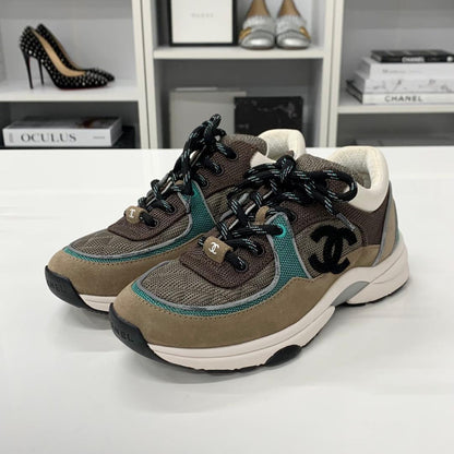 Chanel CC Logo Mesh Suede Leather Sneakers Brown — view 3