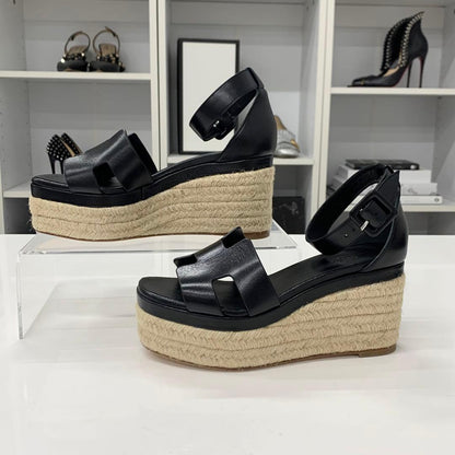 Hermes Elda Leather Wedge Sole Strap Sandals Black — view 2