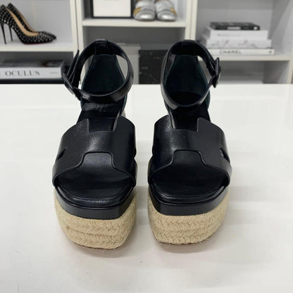Hermes Elda Leather Wedge Sole Strap Sandals Black — view 4