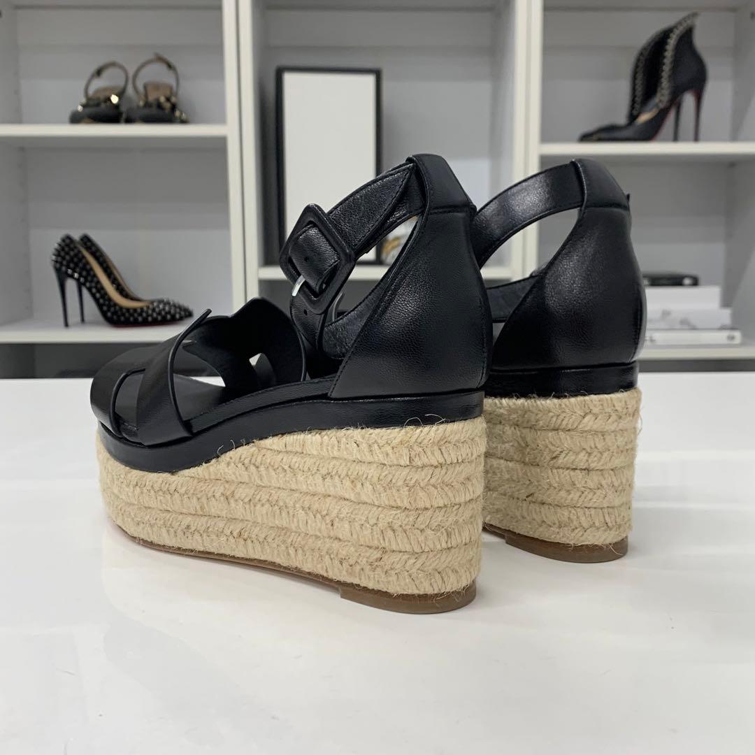 Hermes Elda Leather Wedge Sole Strap Sandals Black — view 5