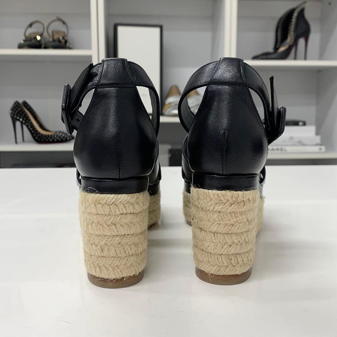 Hermes Elda Leather Wedge Sole Strap Sandals Black — view 6
