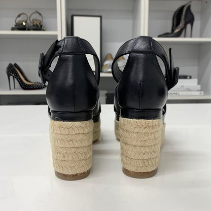 Hermes Elda Leather Wedge Sole Strap Sandals Black — view 6