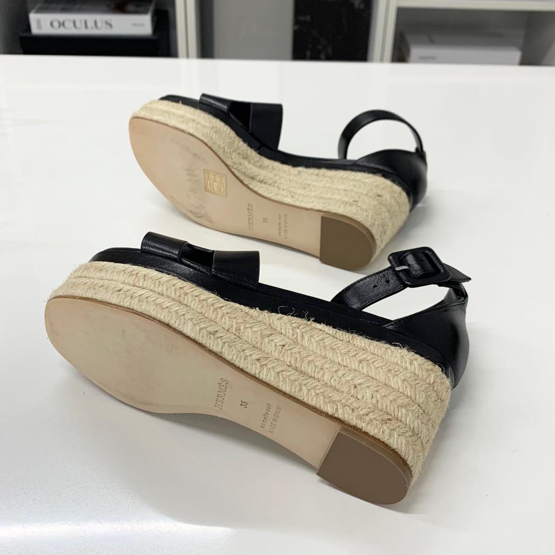 Hermes Elda Leather Wedge Sole Strap Sandals Black — view 7