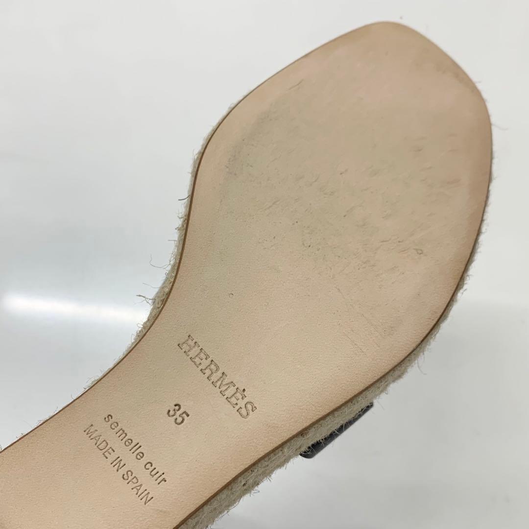 Hermes Elda Leather Wedge Sole Strap Sandals Black — view 9