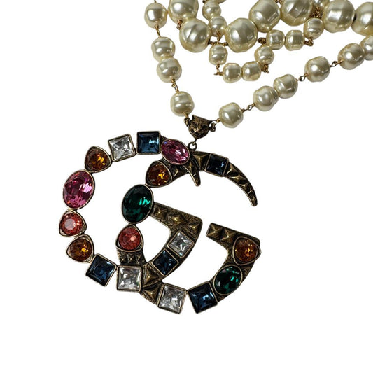 Gucci GG Logo Necklace Faux Pearl Color Stone