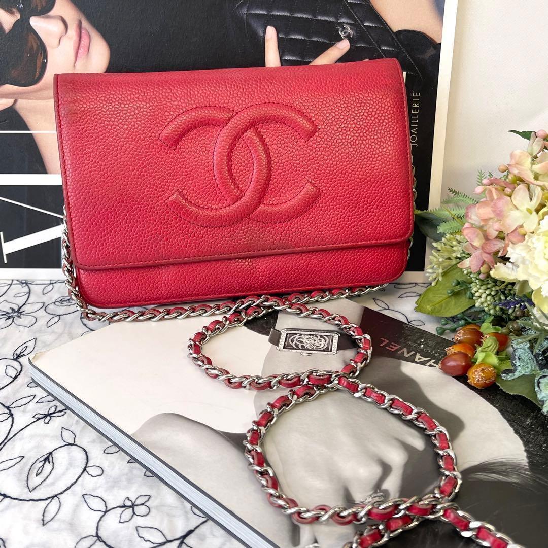 Chanel Chain Wallet Jumbo CC Logo Caviar Leather Red