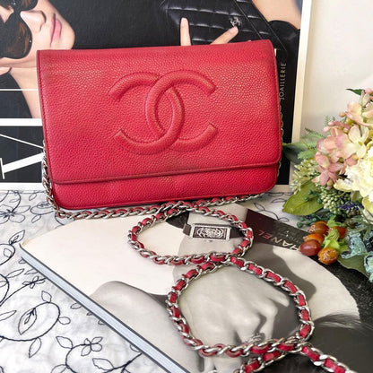 Chanel Chain Wallet Jumbo CC Logo Caviar Leather Red