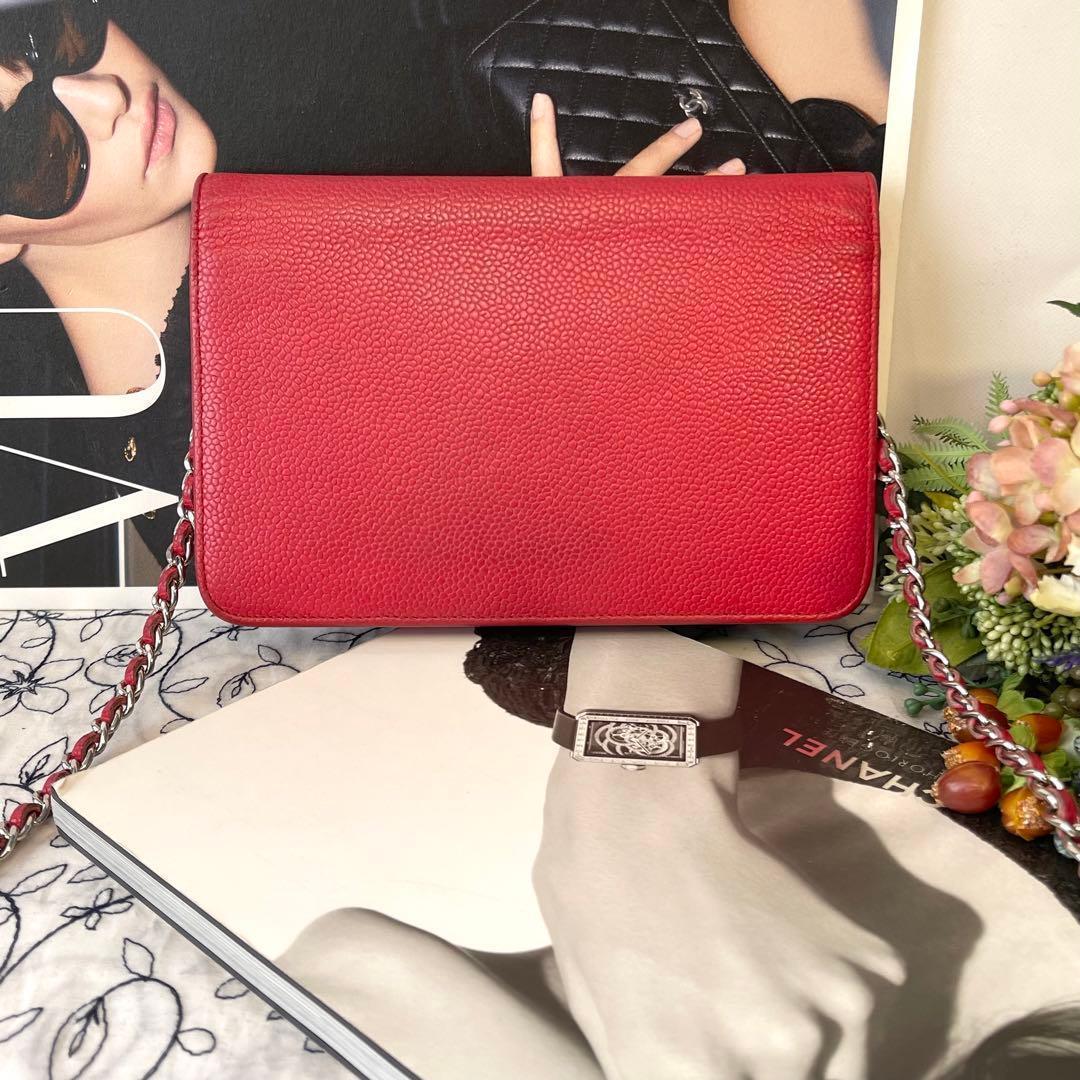 Chanel Chain Wallet Jumbo CC Logo Caviar Leather Red — view 2