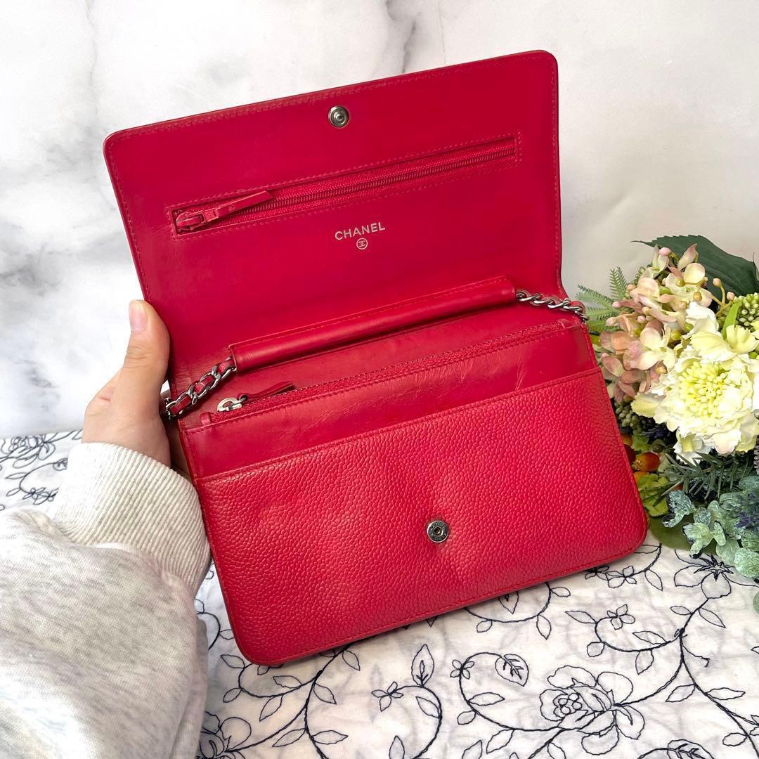 Chanel Chain Wallet Jumbo CC Logo Caviar Leather Red — view 8