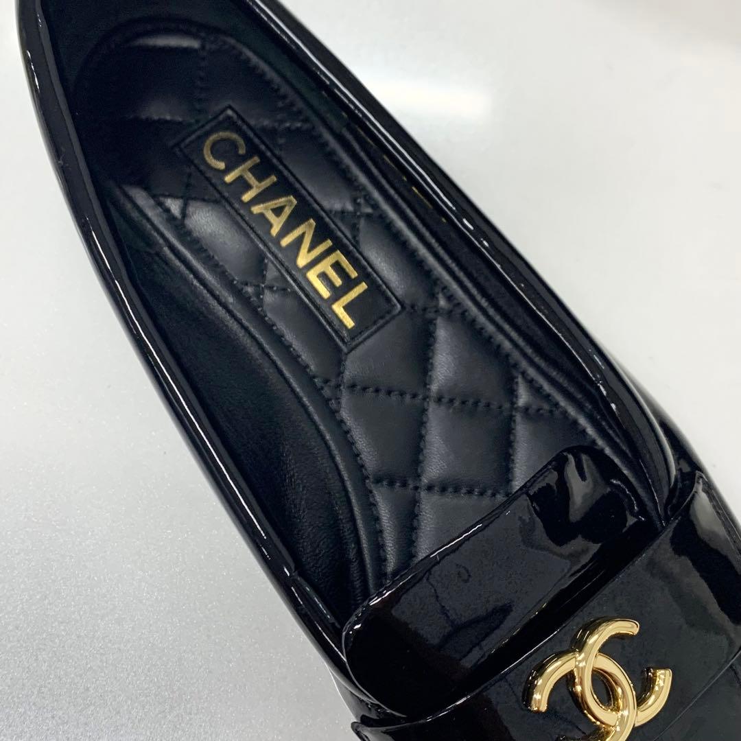 Chanel CC Logo Patent Loafers Black