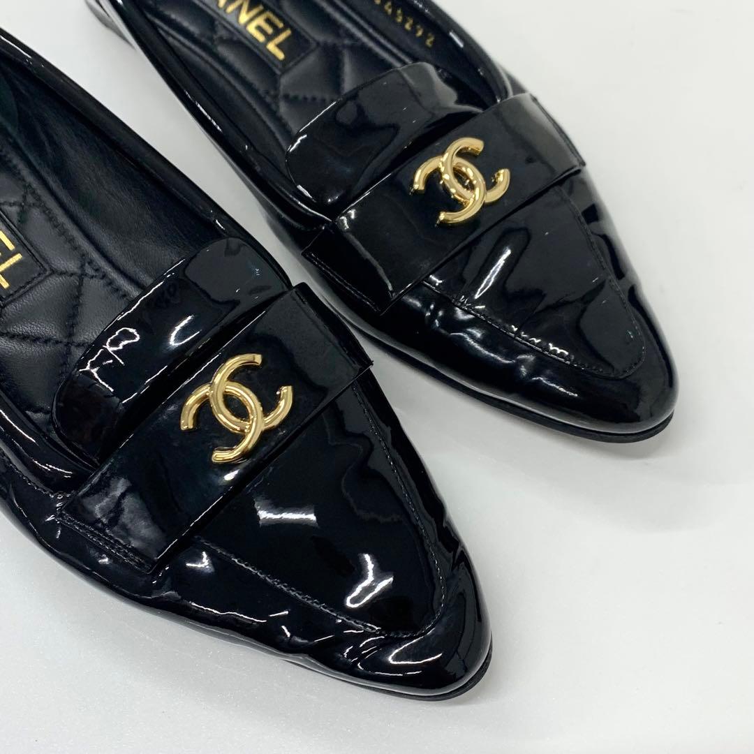 Chanel CC Logo Patent Loafers Black