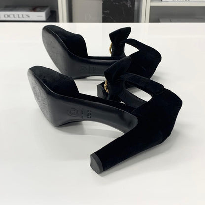 Chanel CC Logo Ribbon Velour Pearl Velcro Strap Pumps Heels — view 7