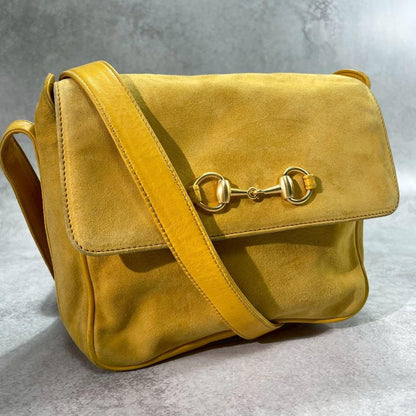 Gucci Shoulder Bag Horsebit Suede Yellow Leather