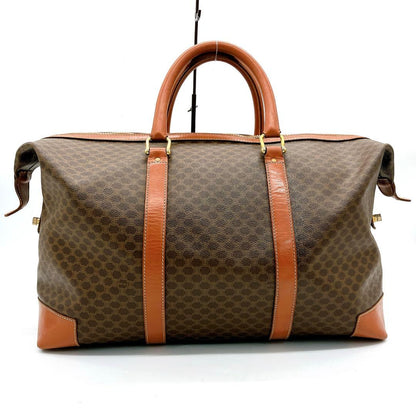 Celine Boston Bag Macadam Pattern Gold Hardware PVC Brown