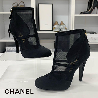 Chanel Mesh Fabric Here Mark Short Boots Black