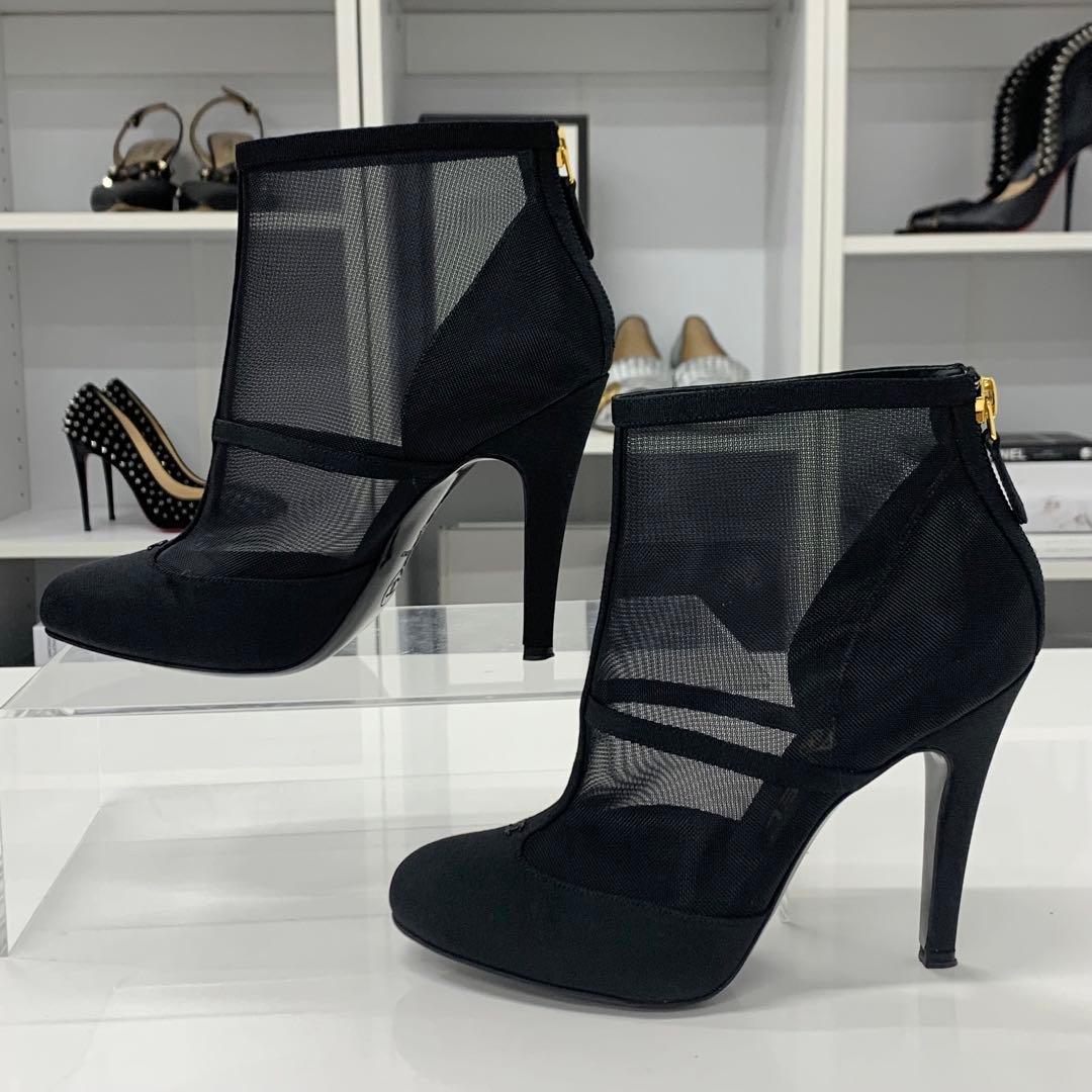 Chanel Mesh Fabric Here Mark Short Boots Black