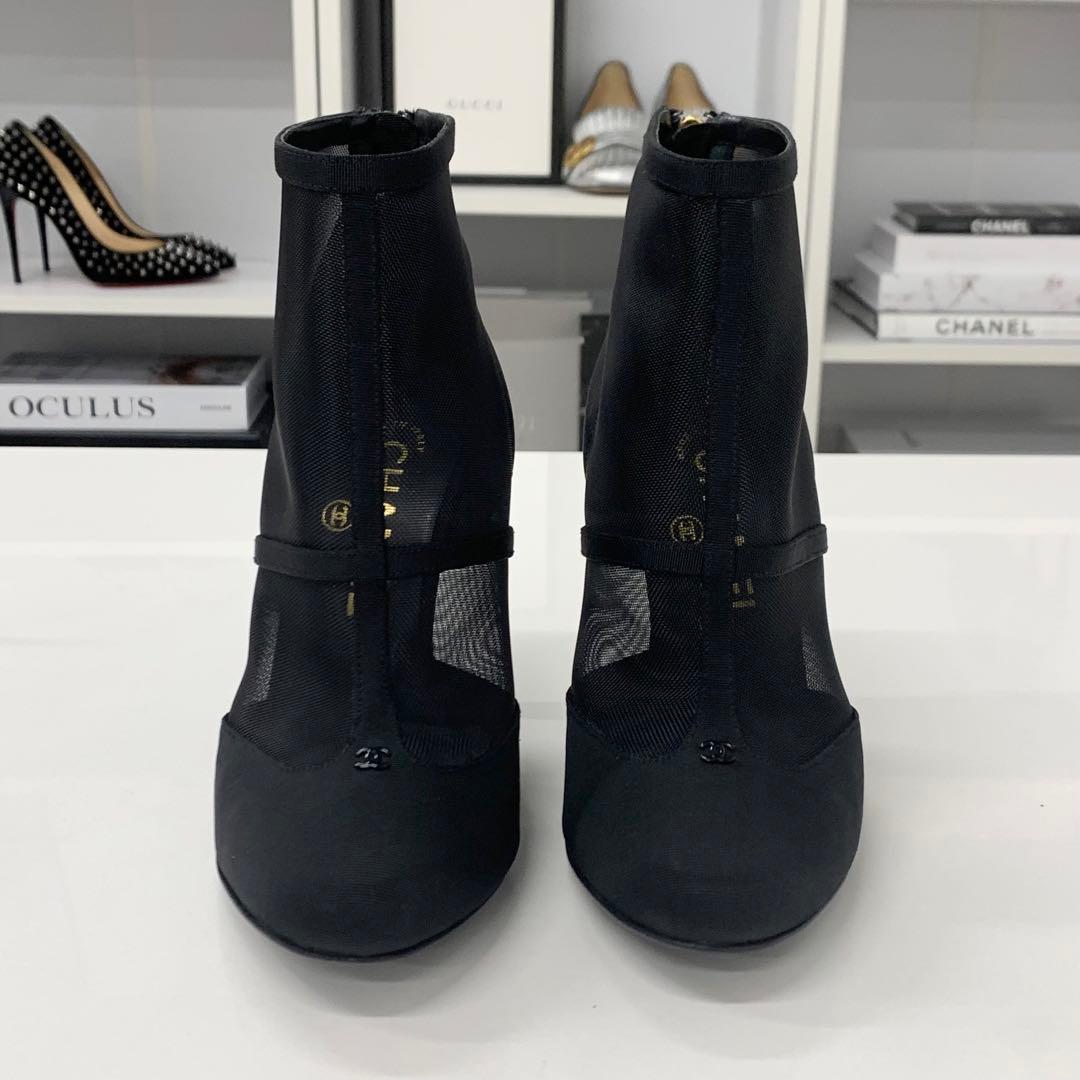Chanel Mesh Fabric Here Mark Short Boots Black